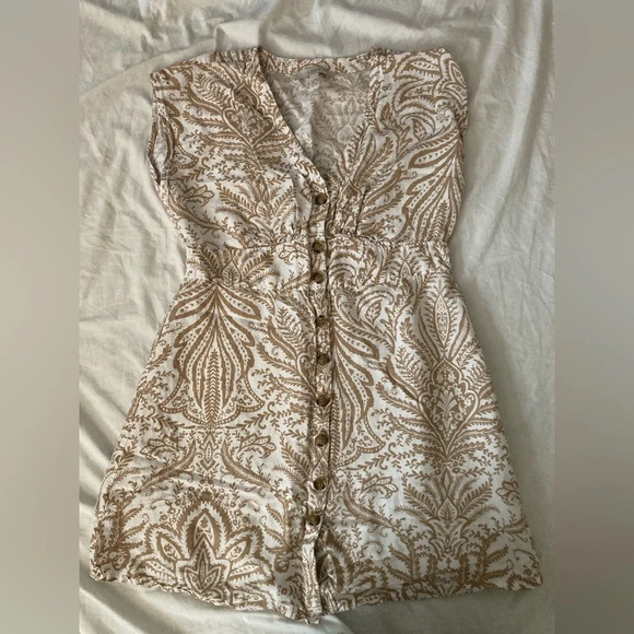 LOFT Tan Paisley Linen Blend Buttoned Sheath Midi Dress Size 12 Petite - Picture 2 of 5